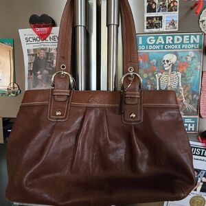 Coach Brown Leather and Tan Fabric Tote